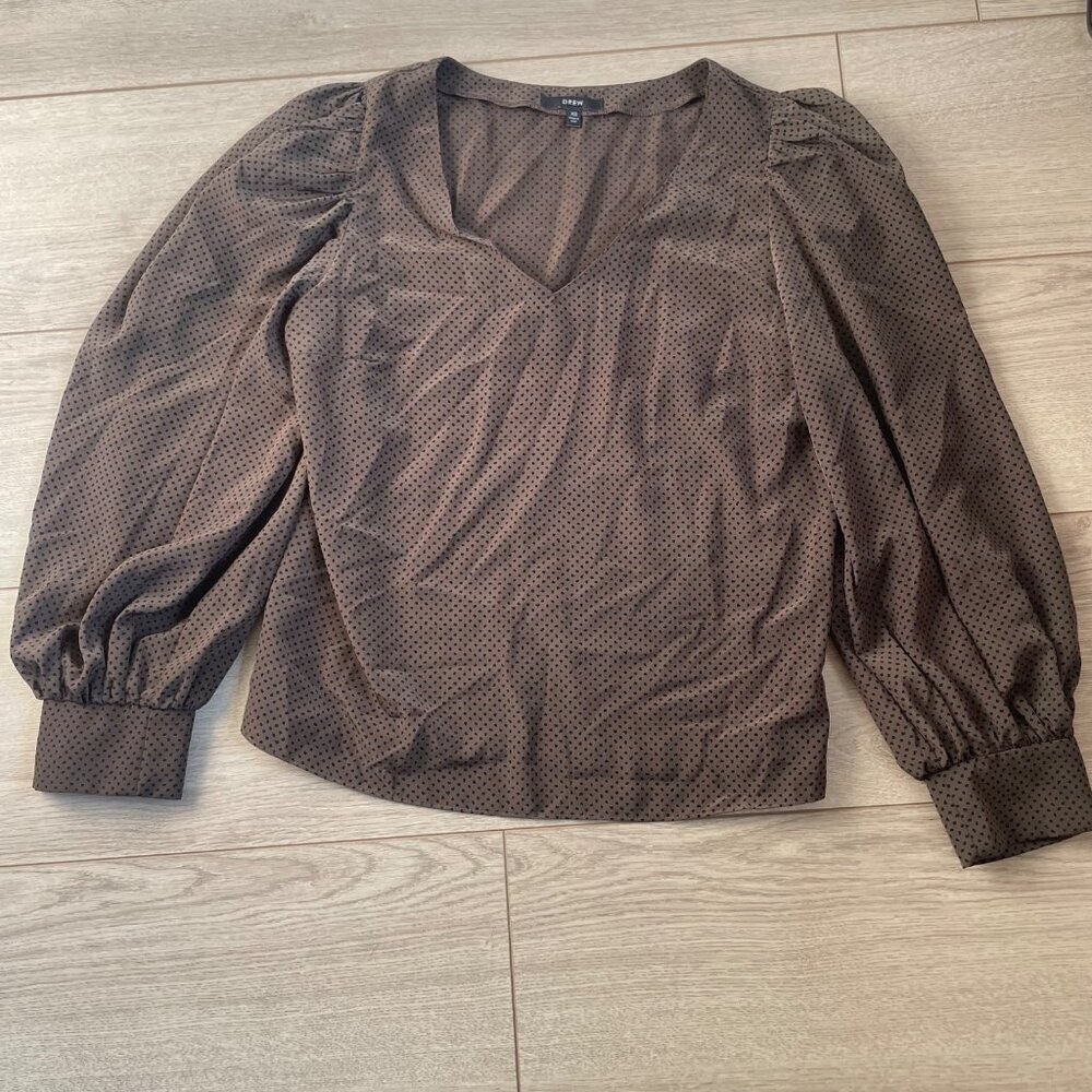 Drew XS Brown Polka Dot Blouse With Long Puff Sleeves